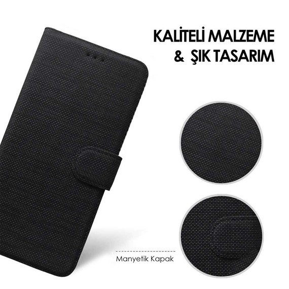 CaseUp Samsung Galaxy M22 Kılıf Kumaş Desenli Cüzdanlı Siyah 4